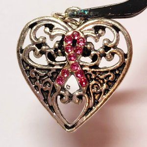 Filigree style Heart with crystal pink ribbon charm